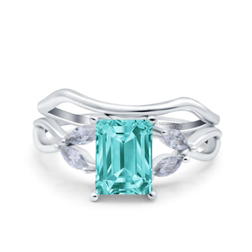 Two Piece Art Deco Emerald Cut Wedding Ring Simulated Paraiba Tourmaline CZ 925 Sterling Silver